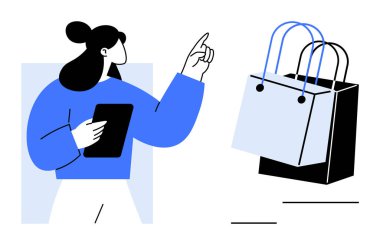 Yüzen alışveriş torbalarında tablet puanları olan, e-ticareti ve dijital alışverişi vurgulayan bir kadın. Perakende satış, çevrimiçi mağaza, e-ticaret, alışveriş uygulamaları, dijital pazarlama, tüketici davranışı için ideal