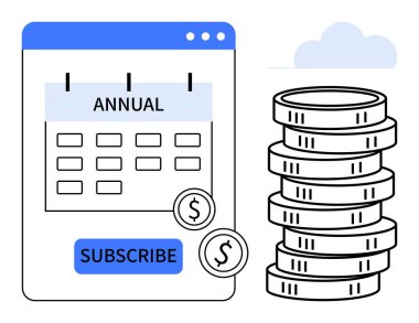 Yıllık takvim işaretli, faturayı sembolize eden madeni para yığını ve abone tuşu. Finans, abonelik, e-ticaret, bütçe, ödeme, hizmet planları için idealdir.