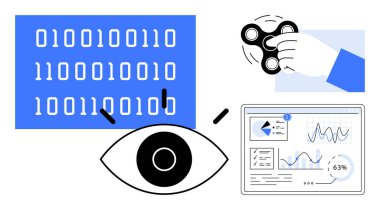 İkili kod, göz odağı sembolize eden odak, analitik gösterge paneli teknoloji, veri analizi, dikkat, üretkenlik, insan etkileşimi, yenilik düzlüğü için ideal basit