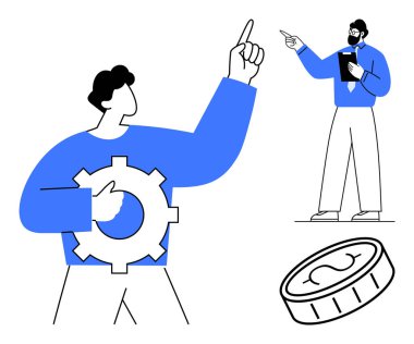 İletişim kuran iki birey, biri vites tutuyor, takım çalışmasını ve yeniliği temsil ediyor, maddi büyümeyi simgeleyen bir madeni parayla. Takım çalışması, liderlik, yenilik, başarı, strateji için ideal