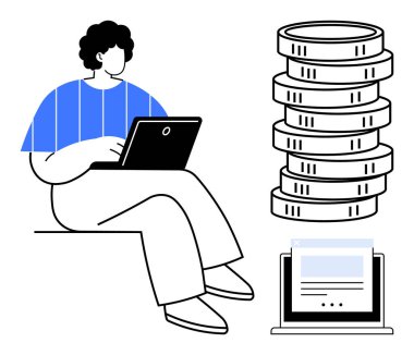 Bilgisayarda çalışan şahıs, parayı temsil eden madeni para yığını ve dijital ödeme arayüzü. Finans, tasarruf, teknoloji, e-ticaret, uzaktan kumandalı online bankacılık için ideal. Düz