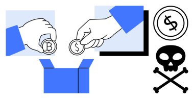 Eller dijital para ve bozuk paraları bir kutuya yerleştiriyor, bir de tehlikeli kafatası ve çapraz kemikler var. Finans, yatırım riski, kripto para birimi tehlikesi, karar verme, ticaret, dolandırıcılık için ideal