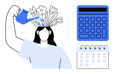 Başlarından, hesap makinelerinden ve takvimlerinden büyüyen çiçekleri sulayan kişi yaratıcılığı, finans yönetimini, stratejiyi ve üretkenliği sembolize eder. Sağlık, planlama, büyüme eğitimi için ideal