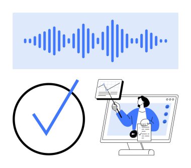 Mavi ses dalgası, işaretli sembol ve monitör ekranında veri sunan kadın. Teknoloji, ses analizi, çevrimiçi eğitim, verimlilik, doğrulama, sanal eğitim verileri için ideal