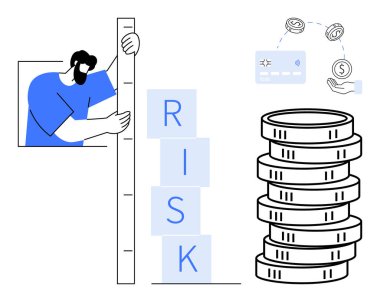 RİSK etiketli istiflenmiş blokları bozuk paraların ve kart bağlantılı işlem akışının yanında değerlendiren kişi. Finans, yatırım, risk yönetimi, karar verme, ekonomi ve strateji için ideal