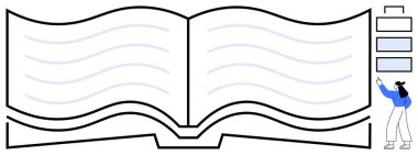 Soyut dalgalı çizgileri olan, üst üste dizilmiş sayfa elemanlarını yöneten geniş bir kitap taslağı. Eğitim, araştırma, bilgi paylaşımı, okuma, organizasyon, e-öğrenme içeriği oluşturma için idealdir. Düz