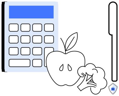 Mavi ekran, elma, brokoli ve kalemle hesap makinesi. Bütçe planlaması, beslenme planlaması, sağlıklı yaşam tarzı, diyet takibi, soyut çizgiyi hazırlayan finansal yönetim yemeği için ideal
