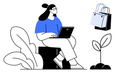 Çiçeklerin arasında dizüstü bilgisayarı olan bir kadın, alışveriş torbaları online alışverişe işaret ediyor. Teknoloji, e-ticaret, uzak çalışma, açık hava yaşam tarzı, kişisel bakım, sürdürülebilirlik, modern yaşam kavramları için ideal