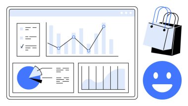 Veri analizi paneli, çizgi grafiği, bar grafiği ve pasta grafiği ekranda. Alışveriş torbaları ve mutlu bir yüz de dahil. E-ticaret, piyasa analizi, müşteri memnuniyeti ve iş stratejisi için ideal