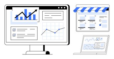 Grafikler, grafikler ve kontrol listeleri içeren bilgisayar ekranı analitikle birlikte web sitesi arayüzü dizüstü bilgisayarı ile korunuyor. Dijital pazarlama, e-ticaret, veri analizi, iş stratejileri için ideal