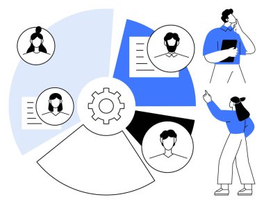 Ortasında teçhizat olan yuvarlak çizelge, profiller, belgeler ve takım çalışmasını tartışan iki kişi. Yönetim, işbirliği, iş akışı, organizasyon verimlilik planlama stratejisi için ideal. Düz basit