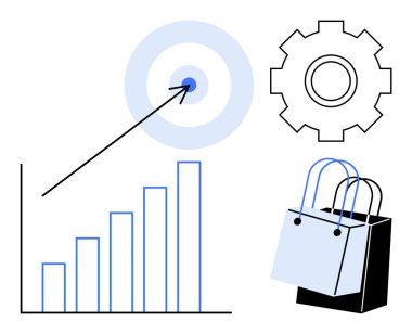 Yukarı doğru eğilim oklu çubuk grafik, hedefi belirten ok, ayarları sembolize eden vites ve alışveriş çantaları iş için idealdir, pazarlama stratejileri, satış büyümesi, hedef başarı