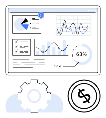 Grafikler, grafikler ve metrikler içeren veri paneli optimizasyon için vites çizelgesi ve finans için dolar simgesi. Veri, finans, analitik, strateji performans büyümesi için idealdir