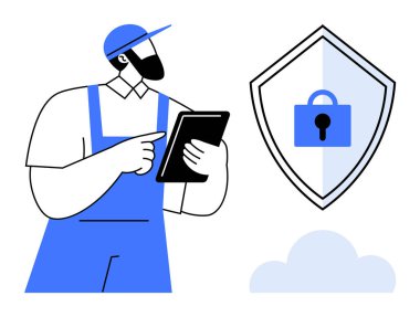Üniformalı ve şapkalı bir işçi elinde tablet, kilit ve bulut sembolüyle güvenlik kalkanını işaret ediyor. Siber güvenlik, veri koruması, bilgi teknolojisi, çevrimiçi güvenlik, bulut depolama için ideal