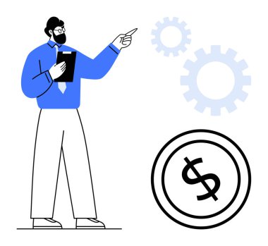 Çark ve dolar ikonunda not tutan adam finansal planlamayı, iş stratejisini ve verimliliği sembolize ediyor. Ekonomi, finans, takım çalışması, yönetim ve danışmanlık analizi için ideal