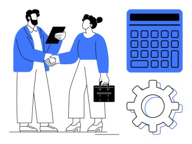 İki profesyonel el sıkışıyor, evrak ve evrak çantası ellerinde, hesap makinesi ve teçhizatın yanında. İşbirliği, takım çalışması, ortaklık, finans ve muhasebe verimliliği için ideal. Düz