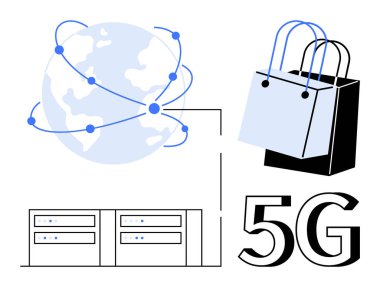 Ağ bağlantıları, alışveriş çantası, veri sunucuları ve 5G metni olan Dünya gezegeni. Küresel bağlantı, e-ticaret, telekomünikasyon, geleceğin teknolojisi, veri yönetimi dijital dönüşümü için ideal