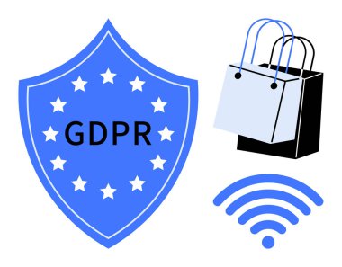 Kalkan, dijital ticarette veri korumasını temsil eden GDPR, alışveriş torbaları ve kablosuz sinyalleri gösteriyordu. Gizlilik, güvenlik, e-ticaret, çevrimiçi alışveriş, veri koruması, uyum için ideal