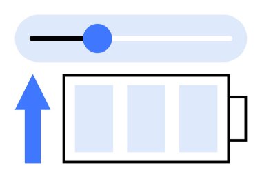 İlerleme çubuğu, kaydırma kontrolü ve yukarı doğru ok ile pil simgesi. Enerji, güç yönetimi, teknoloji, verimlilik, optimizasyon sürdürülebilirlik verimliliği için idealdir. Düz basit metafor