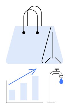 Büyük bir alışveriş çantası, yukarı doğru giden bar grafiği ve damlayan su musluğunun yanında. Sürdürülebilirlik, ekonomi, e-ticaret, koruma, veri eğilimleri, çevresel denge, perakende için ideal. Basit düz