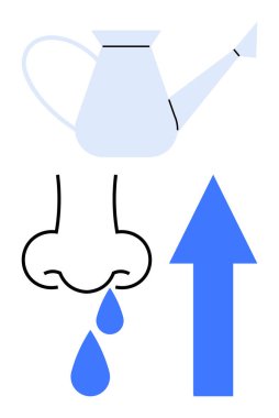 Sulama suyu damlayan burna akar, mavi ok yukarıya doğru olan hava akımını simgeler. Sağlık, sinüs bakımı, burun sulama, tıkanıklık giderme, alerji, solunum sorunları için ideal. Düz basit