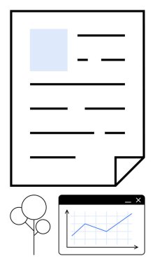 Metin ve köşe katlama içeren resmi belge, tablet-başparmaklar üzerinde analitik çizgi grafiği ve basit ağaç illüstrasyonu. Veri analizi, raporlama, çevre ve minimalizm için ideal