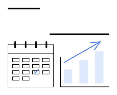 Yükselen çubuk grafiğinin yanında işaretli tarih ve büyümeyi gösteren ok takvimi. Planlama, ilerleme izleme, iş stratejisi, zaman yönetimi, analitik, hedef belirleme için ideal