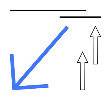Yukarı doğru giden siyah oklar, yukarıdaki iki yatay çizgi olan kalın mavi aşağı doğru okla çelişiyor. İlerleme, düşüş, veri eğilimleri, yön, strateji, hareket büyümesi için ideal. Düz basit metafor