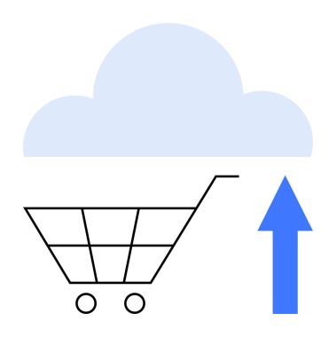 Bulutun altındaki alışveriş arabası yukarı doğru ok ile dijital depolamayı, bulut teknolojisini ya da e-ticareti temsil ediyor. Yenilik için ideal, çevrimiçi alışveriş, otomasyon, lojistik, teknoloji, perakende