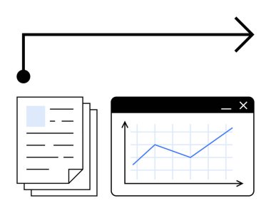 İlerlemeyi ve analitik evrimi gösteren bir okla bir grafik ekranına geçiş yapan belgeler. Veri analizi, iş planlaması, iş akışı, büyüme izleme, raporlama, içgörü için ideal
