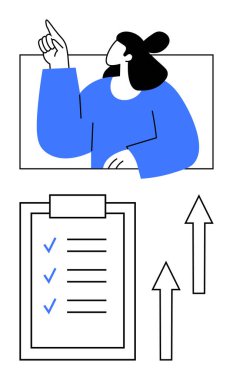 Yukarı doğru hareket eden bir kadın, işaretli pano, yukarı doğru giden oklar. Takım çalışması, planlama, verimlilik, hedef belirleme, strateji organizasyonu performansı için ideal. Düz basit metafor