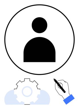 Kullanıcı avatar simgesi üst dişli ve kalem üzerinde daire şeklinde, kişiselleştirmeyi, kullanıcı ayarlarını, hesap yönetimini, kişiselleştirmeyi, yaratıcılığı, beyin fırtınasını ve gelişmeyi sembolize eder. Basit düz metafor