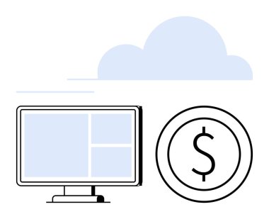 Arayüz düzenine sahip bir monitör ve bir bulutun altında bir dolar para. Finans, teknoloji, bulut hesaplama, çevrimiçi işlemler, tasarruflar, dijital ekonomi ve fintech kavramları için ideal. Düz basit metafor