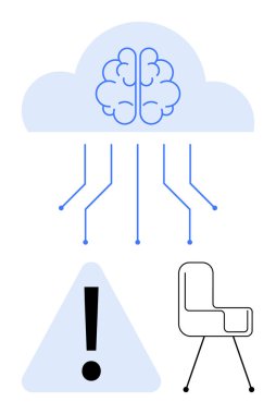 Uyarı işareti ve modern sandalyenin üstündeki sinirsel yollarla bağlantılı bir beyne sahip bulut. Yapay zeka, teknoloji, dikkat, yenilik, işyeri, problem çözme, düz konum