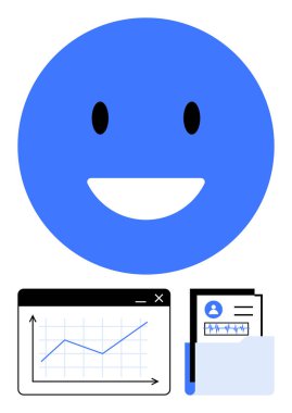 Mavi mutlu yüz, büyüme tablosu ve olumlu, başarılı, veri yönetimi ve profesyonel başarıları sembolize eden dosyalar. İş akışı, analiz, takım çalışması motivasyon süreci için ideal