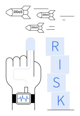Elinizde izleme cihazı, RISK blokları ve DDoS saldırı füzeleri var. Siber güvenlik, risk yönetimi, dijital tehditler, sistem savunmasızlıkları, çevrimiçi koruma, bilişim için ideal