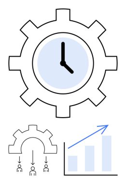 Verimliliği simgeleyen saat, insanlara rehberlik eden süreçler ve yukarı doğru ilerleyen grafikler. Üretkenlik, planlama, strateji, takım çalışması, büyüme için ideal başarı düz bir metafor