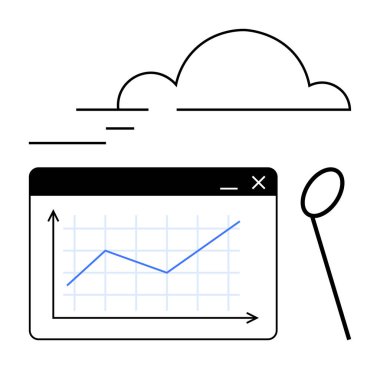 Pencere çerçevesinde bulut, yükselen veri grafiği ve analiz için büyüteç. Analiz, bulut depolama, teknoloji, büyük veriler, araştırma şirketlerinin başlangıç kavramları için idealdir. Düz basit metafor