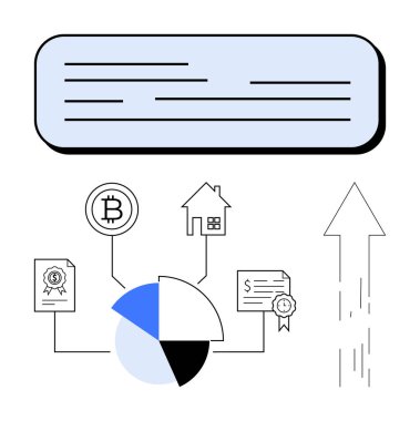 Bitcoin 'e, eve, sertifikalara yatırım stratejilerini ve sözleşmeleri sembolize eden yukarı doğru ok grafiği. Finans, ekonomi, ticaret, yatırım sektörü büyüme zenginliği kavramları için ideal