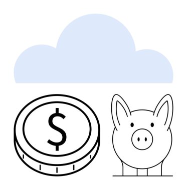 Bir bulut simgesi altında kumbara ve dolar sikkesi, finansal tasarrufları, bulut teknolojisini ve dijital bankacılığı temsil ediyor. Fintech, bütçe, bulut depolama, yatırımlar, çevrimiçi işlemler için ideal