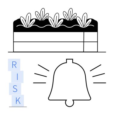 RISK blokları ve bitkilerle kaplı katmanlı toprağın yanında alarm zili çalıyor. Risk yönetimi, çevre bilinci, sürdürülebilirlik, fırsat değerlendirmesi, uyarılar, karar verme, soyut