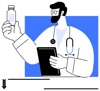 Doktor ilaç şişesini odaklanmış bir ifadeyle analiz ediyor, elinde tablet tutuyor. Sağlık, ilaç, teletıp, araştırma, tanı, eczane hastası desteği için ideal. Düz basit metafor