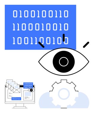 Göz ikili kodu, vites sembolü ve dijital belge ekranını izliyor. Siber güvenlik, yapay zeka, veri analizi, yenilik, gizlilik otomasyonu için ideal. Asgari düz metafor