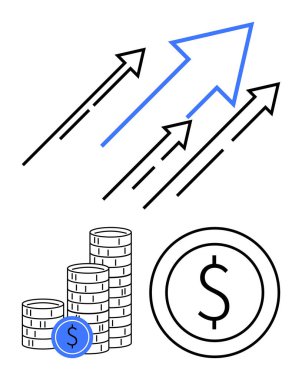 Yukarı bakan oklar bir yığın bozuk para ve bir dolar ikonu ile birlikte büyümeyi sembolize eder. Finans, iş, yatırım, kâr, başarı, ekonomi, tasarruf için idealdir. Düz basit metafor