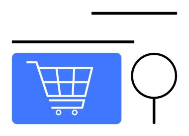 Dikdörtgen çerçevedeki mavi alışveriş arabası ve büyüteç e-ticaret, arama araçları, navigasyon, analitik, perakende, çevrimiçi pazarlama ve dijital iş stratejilerini vurguluyor. Daire için ideal