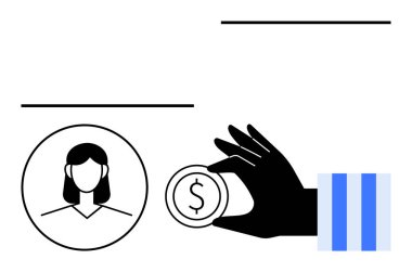Kadın avatar hatlarına yakın para değeri olan bir el uzatılıyor. Ödeme, bağış, maaş, tasarruf, finans yönetimi, müşteri ilişkileri için ideal. Düz basit