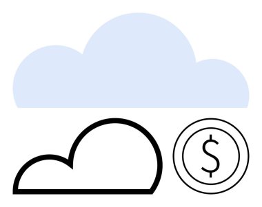 İki bulut şekli, biri ana hatlı, biri gölgeli, bulut hesaplama, maliyet tasarrufu ve veri yönetimini sembolize eden bir dolar para ile eşleştirilmiş. Teknoloji, finans, veri depolama, dijital hizmetler için ideal
