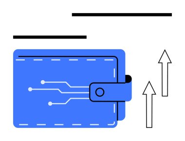 Devre desenli mavi cüzdan teknoloji ve finansmanı temsil ediyor. İlerleme, gelişme, yenilik ve işlemler için yukarı doğru oklarla eşleştiriliyor. Finans, teknoloji ve dijital ödemeler için ideal