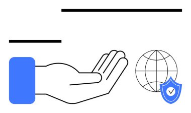 Avuç içi genişliyor ve üzerinde kontrol işareti olan bir kalkan var. Küresel sorumluluk, güvenlik, güven, koruma, sürdürülebilirlik, işbirliği, takım çalışması için ideal. Düz basit metafor