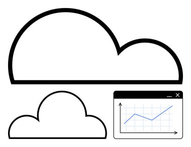 Yukarı doğru giden veri eğilimlerini gösteren bir grafik penceresiyle eşleştirilmiş iki bulut çizgisi. Bulut hesaplama, veri analizi, büyüme, teknoloji, yenilik, ilerleme ve finans için ideal. Düz basit metafor